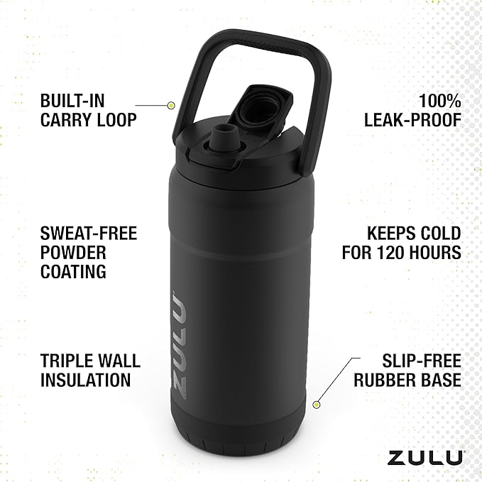 ZULU Goals Vacuum Insulated Large Capacity Stainless Steel Water Bottle | Reusable Jug Thermoses with Carry Handle | Leak-Proof Lid | Perfect for Travel, Workout, Gym, Hiking, Camping | 64oz, 101oz