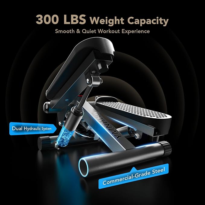 Mini Stepper with Resistance Bands, Stair Stepper for Exercise at Home, Compact Hydraulic Fitness Machine, Adjustable Step Height, Quiet Design, 300LBS Capacity, Calories, and Steps Tracking