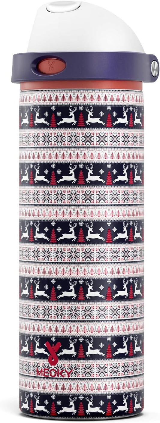 24 oz Christmas Insulated Water Bottle: Meoky Stainless Steel Water Bottle with 2-in-1 Straw Lid - Leak Proof, Cold for 24 Hours, Protective Silicone Base, Christmas Gifts for Women Men, Winter Joy
