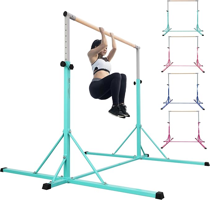 Gymnastics Bar, 5'10” Base length 45" to 71" Adjustable Horizontal Bar for Serious Training, 500 LBS Capacity, Professional Home Gym Equipment with Competition-Grade Beech-covered Fiberglass Bar
