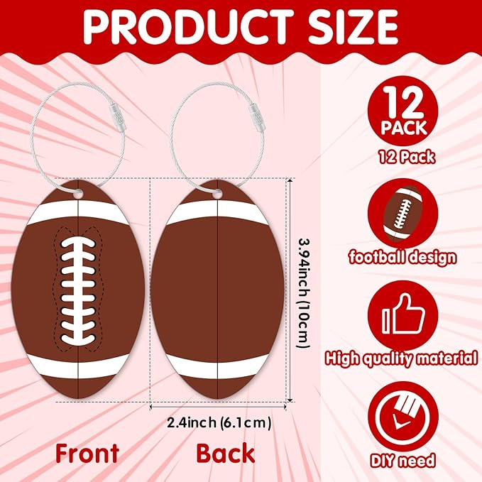 12 Pcs Football Luggage Tags for Suitcases Travel Suitcase Labels with Metal Ring 2.75in Football Keychain,Football Accessories PVC Name Id and DIY Pocket Hug Card for Men Women Travel Bag Suitcase