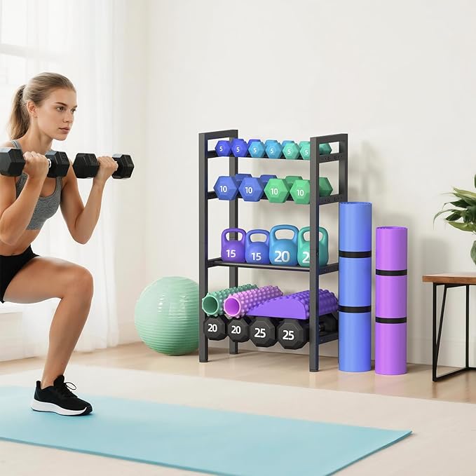 4 Tier Dumbbell Rack,Adjustable Weight Rack for Home Gym,Heavy Duty Weight Stand,600LBS Capacity Kettlebells Storage,Workout Equipment Organizer (Rack Only)