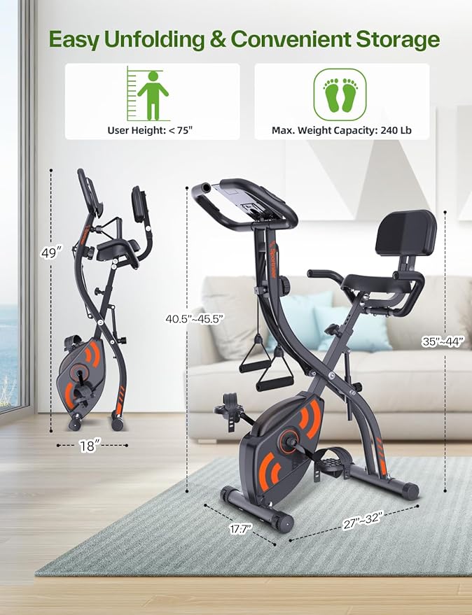 Foldable Exercise Bike Stationary Bike, Sportneer 4 in 1 Indoor Cycling Bike with 16 Level Magnetic Resistance Training Bike with Arm Resistance Band PVC Floor Mat Fitness Bike for Home Gym Workout