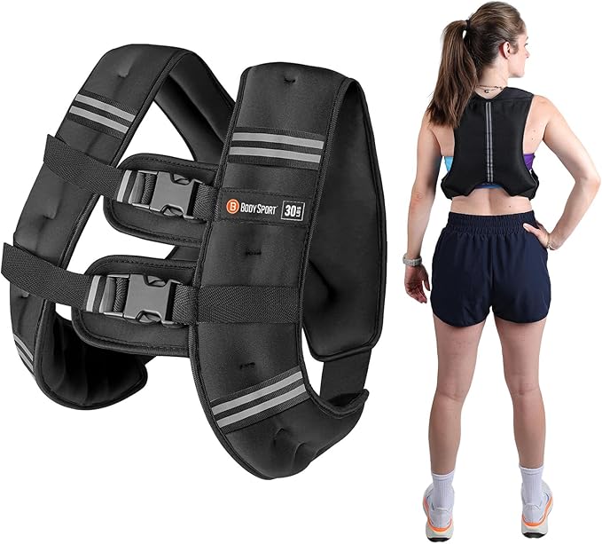 Body Sport Weighted Vest - 5lb/10lb/15lb/20lb/25lb/30lb - Adjustable Fitness Vest with Refelctive Strips for Strength Training, Running, Walking, and Endurance Workouts