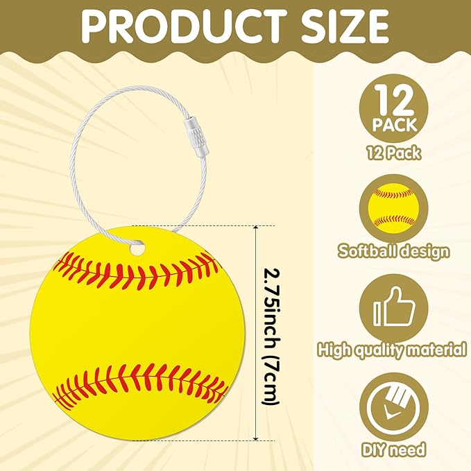 12 Pcs Softball Luggage Tags for Suitcases Travel Suitcase Labels with Metal Ring 2.75in Softball Keychain PVC Name Id and DIY Pocket Hug Card Backpack Charms for Men Women Travel Bag Suitcase