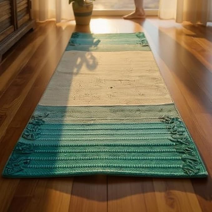 Indian Handmade100 % Organic Anti Skid Multi Colour Cotton Yoga Mat - Eco-Friendly Hand-Woven Rug - Non-Slip & Thick (24”x72”x5mm) for Hot yoga & Everyday Fitness at Home - Comfortable & Foldable Extra-Long Mat
