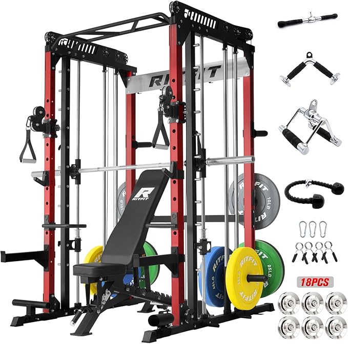 RitFit M1 Pro Smith Machine Package, All-in-One Power Cage with Weight Stack Set, Includes LAT Pulldown & Cable Crossover System for Home Gyme