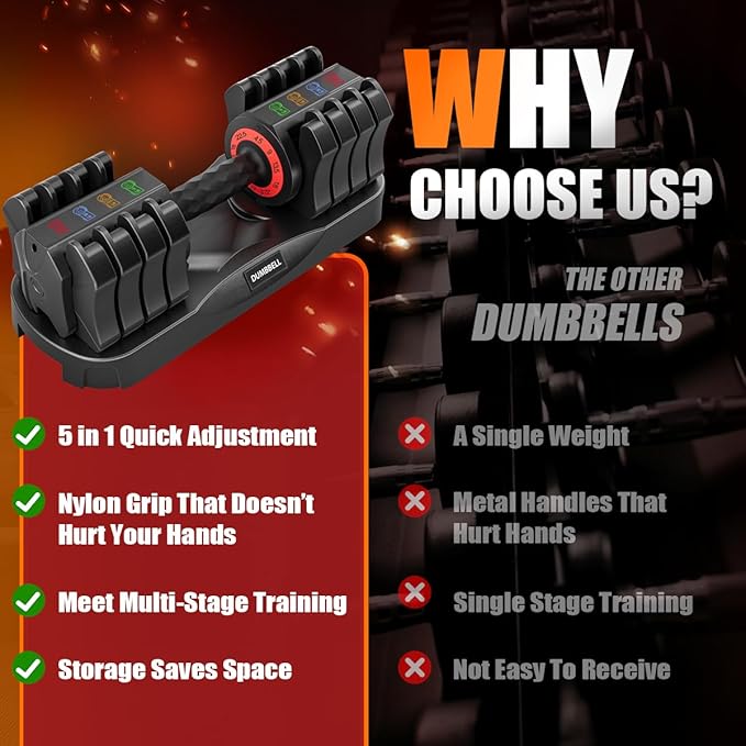 VEICK 25 lbs Adjustable Dumbbell with Anti-Slip Turning Handle, Fast Adjust Weight for Men Women, Exercise Equipment with Tray for Home Gym Full Body Workout Fitness