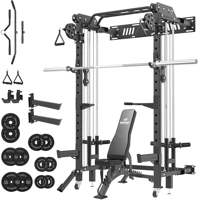 Folding Power Rack, Wall Mounted Squat Rack with Cable Pulley System, Multi-Grip Pull-Up Bar, Landmine for Home Gym, Compact Power for Small Spaces, FR67