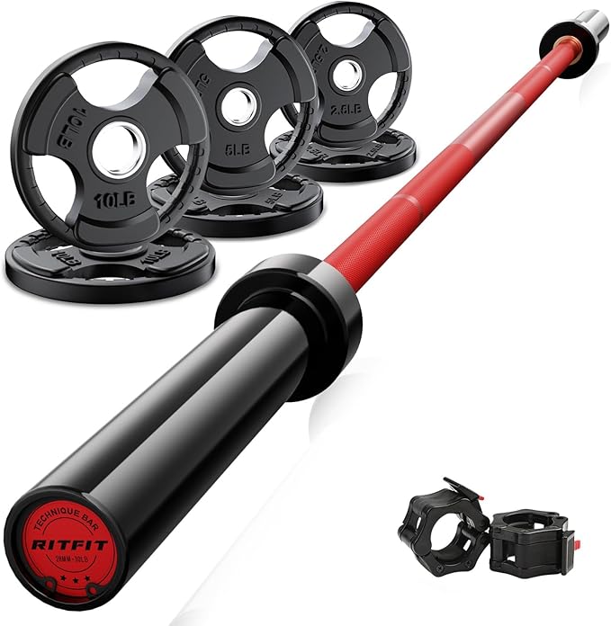 RitFit Barbell Weight Set - 4/6FT Olympic Barbell with Weight Plates (55-275LB Total) - Weightlifting Equipment for Squats, Curls, Deadlifts, Presses, Hip Thrusts
