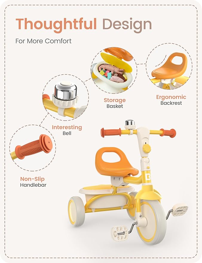 besrey Toddler Tricycle with Bell, Kids Tricycle Age 18 Months to 5 Years, Kids Trike, Toddler Bike for 1.5-5 Year Olds, Baby Trike, Gifts & Toys for Boys & Girls, Yellow