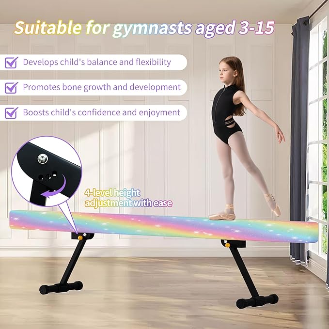 EL&IT·Wings 6ft/8ft Gymnastic Balance Beam, Adjustable High and Low Level Floor Beam - Highly Stable - Gym Practice Training Equipment for Kids Children Girls Home