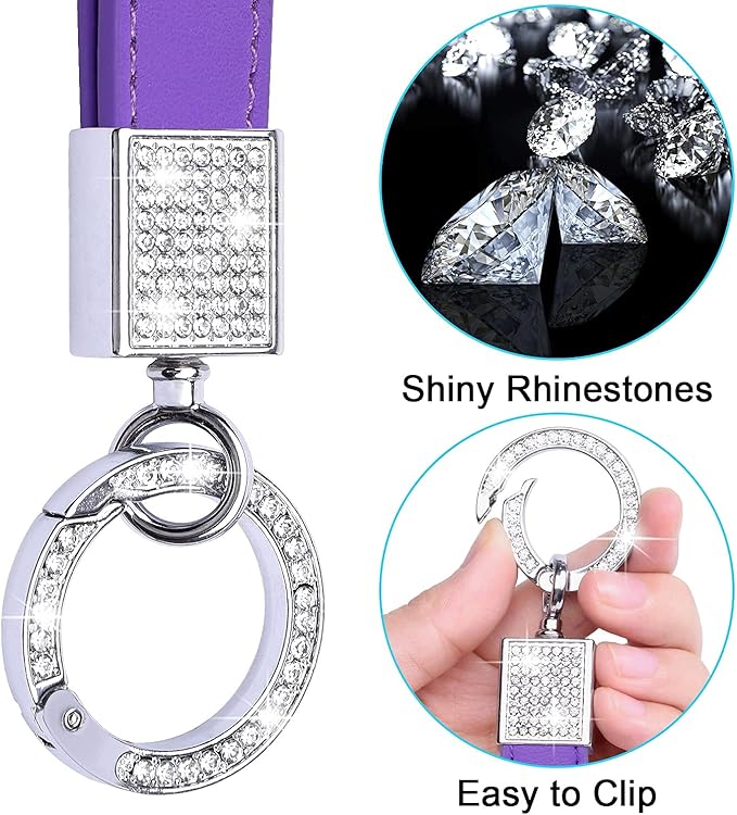 Wisdompro Genuine Leather Car Keychain, Bling Key FOB Holder Leather Loop Keychains for Women Girls with Crystal Rhinestones and 2 Keyrings - Purple