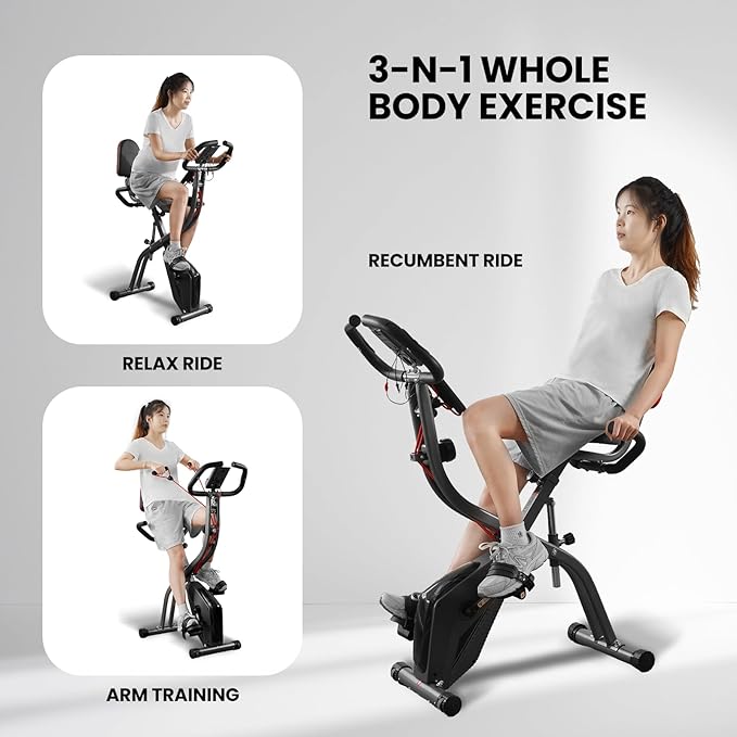 Exercise Bike, 4 IN 1 Stationary Bike, Foldable Folding Exercise Bike with 10-Level Magentic Resistance, Support Back Pad and Phone/Tablet Holder, Arm Resistance Band, Pulse Sensor, LCD Monitor for Home Workout 265LB Capacity