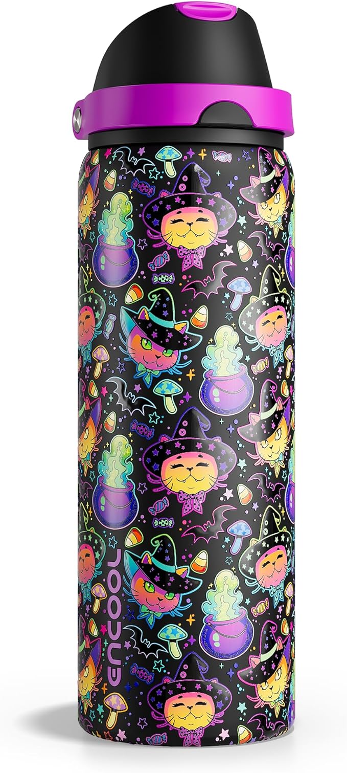 ENCOOL Insulated Water Bottle with Straw Stainless Steel Water Bottle with Push Button Lid, Leak-Proof & BPA-Free, Keeps Cold for 24 Hours for Sports, Travel, Gym (32 oz, Meowgic Night)