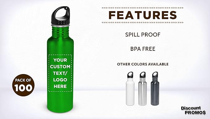 DISCOUNT PROMOS Custom Stainless Steel Water Bottles 26 oz. Set of 100, Personalized Bulk Pack - Reusable, Leak Proof, Perfect for Gym, Hiking, Camping, Outdoor Sports - Green