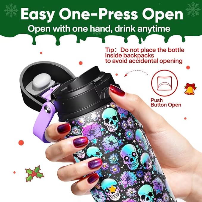 ENCOOL Insulated Water Bottle with Straw Stainless Steel Water Bottle with Push Button Lid, Leak-Proof & BPA-Free, Keeps Cold for 24 Hours for Sports, Travel, Gym (32 oz, Floral Afterlife)