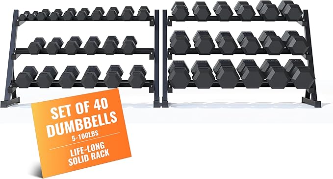 Rubber Hex Dumbbell Set with Rack, 8/10/12/15/20 Pair (450/550/780/1200/1550/2100 lbs total) Weight Rack with Dumbbells for Home Gym & Strength Training