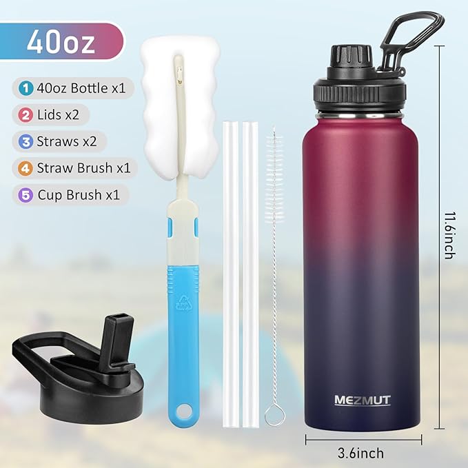 MEZMUT Insulated Water Bottle with Straw&2 Lids 40oz Stainless Steel Water Bottles Metal Water Bottle Double Walled Vacuum Insulated Bottles Cups Leak-Proof Travel Cup (Gradient Red Blue)