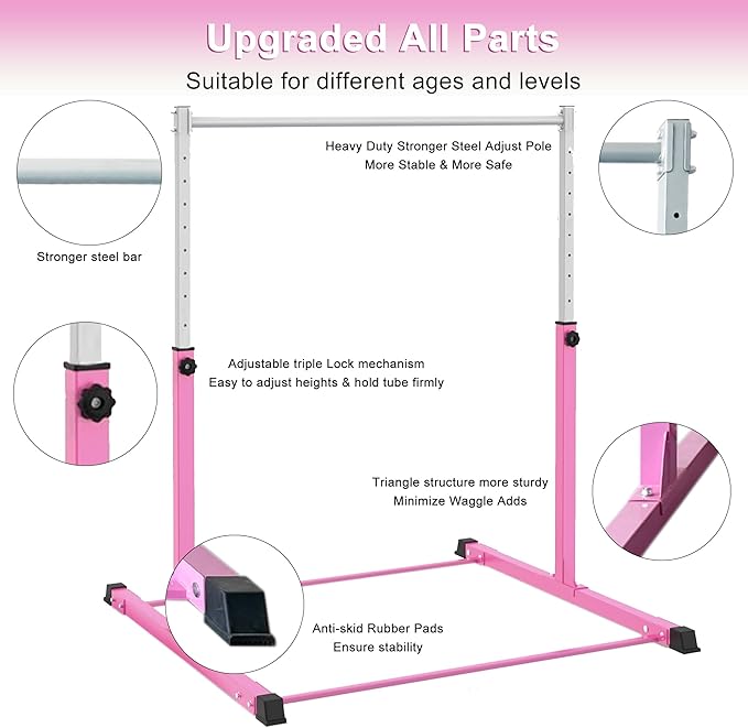 Gymnastics Bar for Kids Ages 3-15, 3' to 5' Adjustable Height, Gymnastic Kip Bar Horizontal Bar for Gymnas, Anti-Slip and Easy to Assemble, Home Gym Equipment Indoor for Girls, Boys