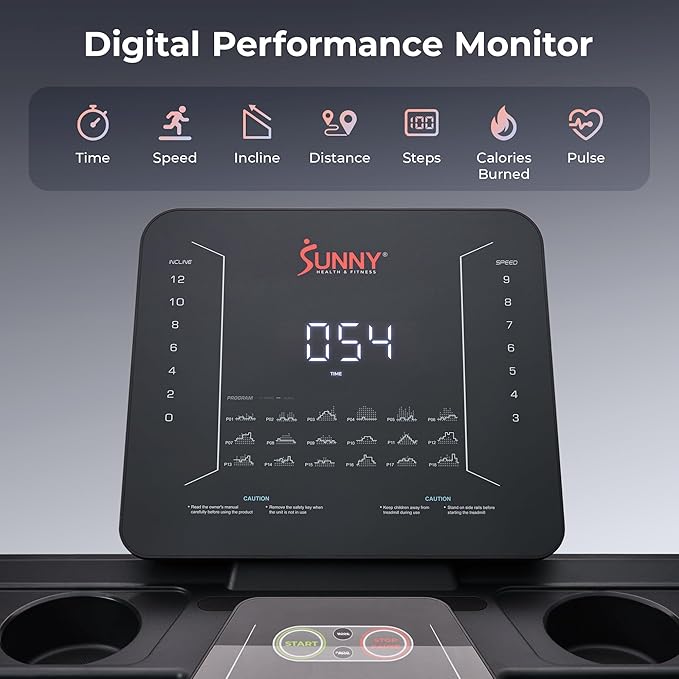 Sunny Health & Fitness Smart Heavy-Duty Auto Incline Treadmill with 20" Running Deck and Free SunnyFit App Connection