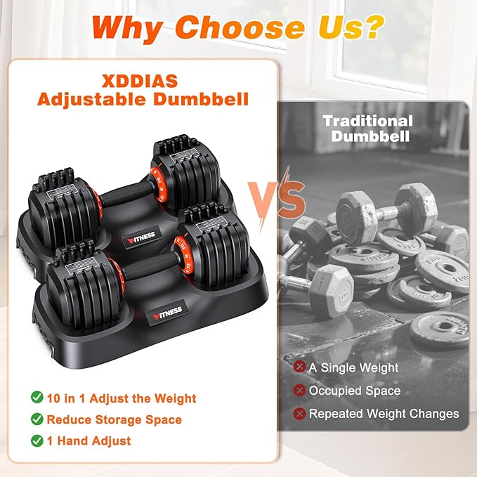 XDDIAS Adjustable Dumbbell Set of 2, 25/55/80LB Dumbbell Set-Fast Adjust Weights Set, 5/10/16 in 1 Free Weights Dumbbells Set with Anti-Slip Metal Handle, Compact Size for Men/Women Home Gym Equipment