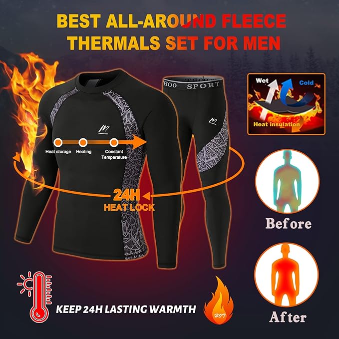 Men Thermal Underwear Set Long Johns with Fleece Lined Base Layer Men Cold Weather Top Bottom for Skiing Running