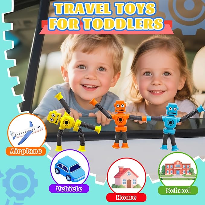 16PCS Suction Cup Robot Toy, Transformable Telescopic Pop Tubes Sensory Toy for Kids Adults, Funny Robot Action Figure Bendable Fidget Toy Gift Birthday Party Favors Christmas