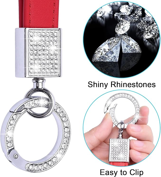 Wisdompro Genuine Leather Car Keychain, Bling Key FOB Holder Leather Loop Keychains for Women Girls with Crystal Rhinestones and 2 Keyrings - Red