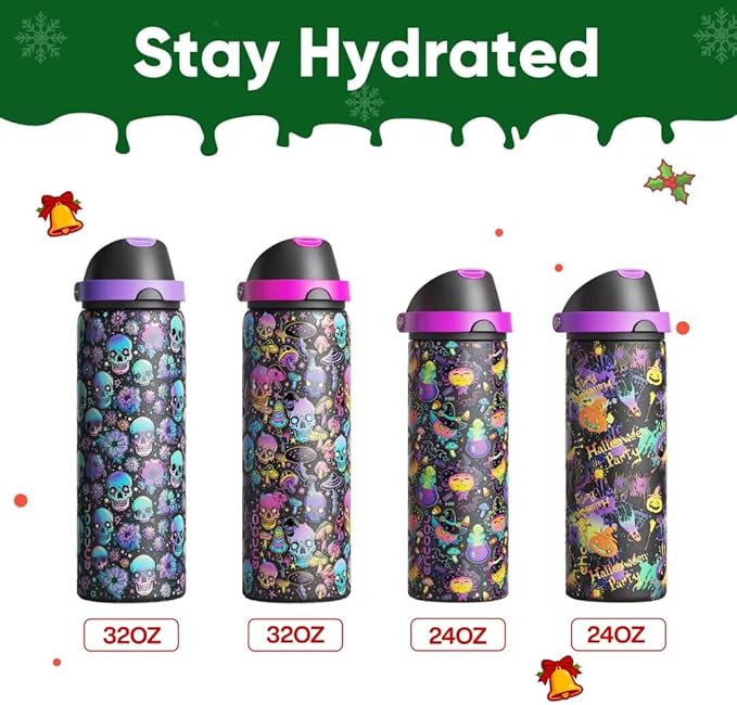 ENCOOL Insulated Water Bottle with Straw Stainless Steel Water Bottle with Push Button Lid, Leak-Proof & BPA-Free, Keeps Cold for 24 Hours for Sports, Travel, Gym (24 oz, Meowgic Night)