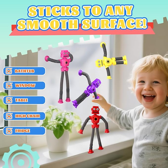 14PCS Suction Cup Pop Tube Sensory Toys, Basket Stocking Stuffer Set for Kids Toddlers, Funny Robot Action Figure Bendable Fidget Toy Gift Birthday Party Favors