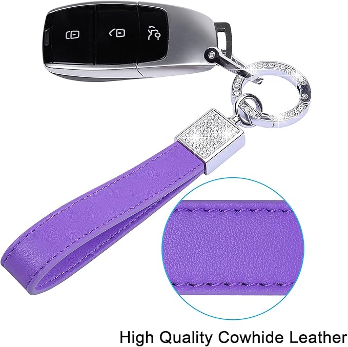 Wisdompro Genuine Leather Car Keychain, Bling Key FOB Holder Leather Loop Keychains for Women Girls with Crystal Rhinestones and 2 Keyrings - Purple