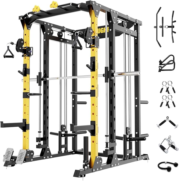 ToughFit F4 Smith Machine, Power cage with Adjustable Cable Crossover System, All-in-One Squat Rack Training Equipment for Home Gym