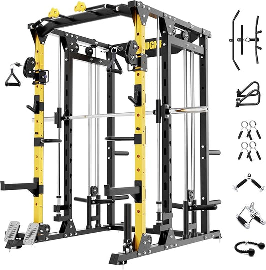 ToughFit F4 Smith Machine, Power cage with Adjustable Cable Crossover System, All-in-One Squat Rack Training Equipment for Home Gym