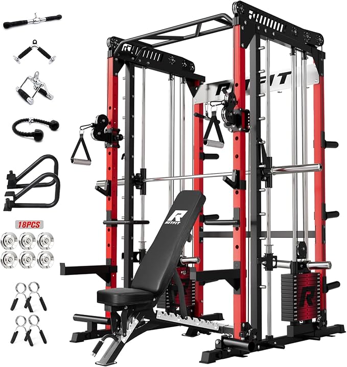 RitFit M1 Pro Smith Machine Package, All-in-One Power Cage with Weight Stack Set, Includes LAT Pulldown & Cable Crossover System for Home Gyme