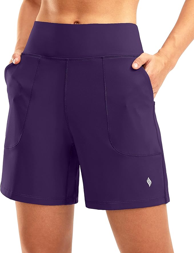 SANTINY Women's 6'' Athletic Long Shorts with 4 Pockets High Waisted Bermuda Shorts for Women Walking Running Casual