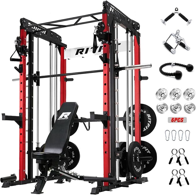 RitFit M1 & M1 Pro Smith Machine with Cable Crossover System, Multi-Function Squat Rack Power Cage for Home Gym, Power Rack and Packages
