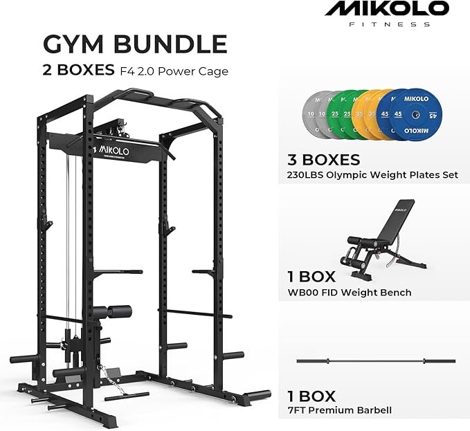 Mikolo Power Cage, Power Rack with LAT Pulldown, 1200 Pounds Capacity Workout Cage with More Training Attachments, Squat Rack for Home Gym, F4 Versions
