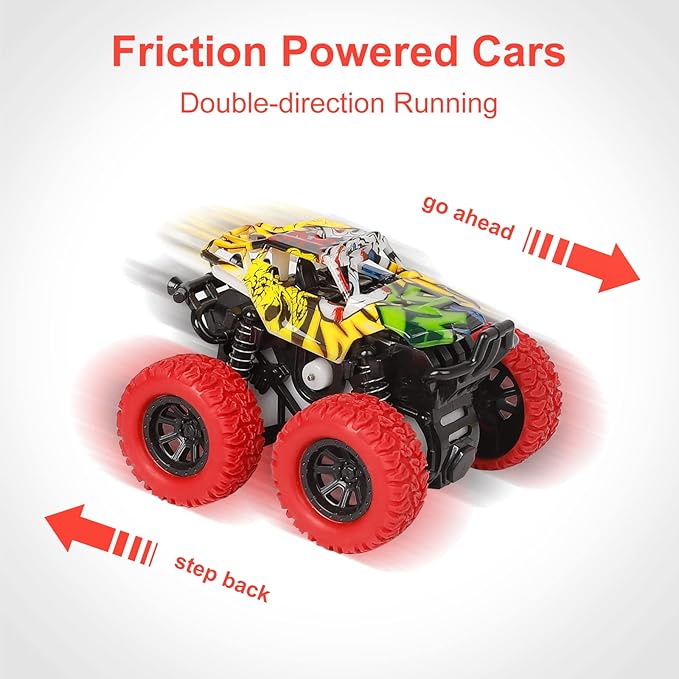 Monster Truck Toys for Ages 2-4, Friction Cars for Toddlers 1-3 Push and Go 360° Rotating Stunt Car for 2+ Year Old Boys Girls Gifts (2 Pack - Red and Yellow)