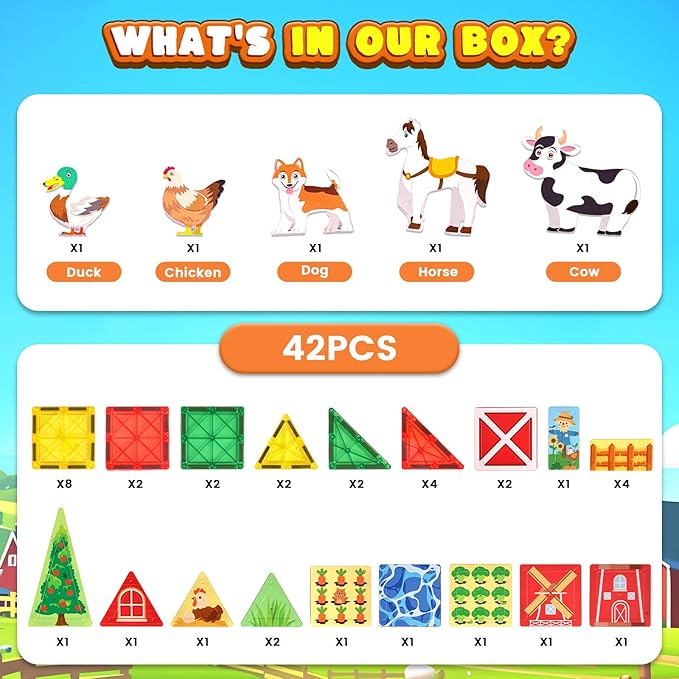 3 otters 42PCS Magnetic Tiles Toys with Farm Animals, Magnetic Building Blocks Educational STEM Toys for Christmas Party Gifts Kids Toddlers Preschool Classroom