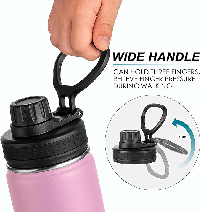 koodee 16 oz Water Bottle-Stainless Steel Double Wall Vacuum Insulated Wide Mouth Water Bottle with Leakproof Spout Lid (Pink)