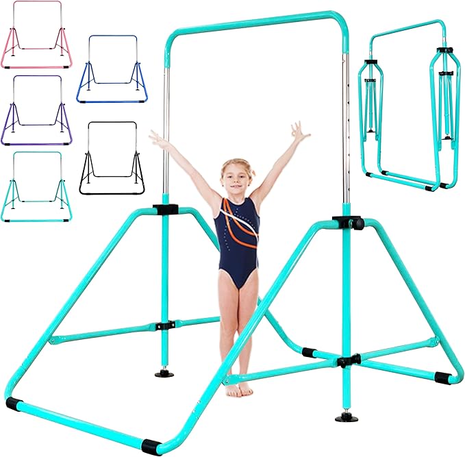 MARFULA Foldable Gymnastic Bar for Kids Ages 3-12, 9 Height Levels, 200 lbs Weight Capacity, 5 Ft Length Gymnastic Kip Bar with Mat, Gymnastic Equipment for Home and Gym Center Indoor Outdoor Use