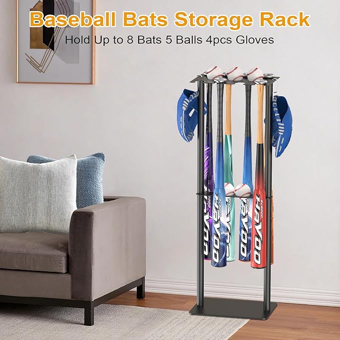 Baseball Bat Holder Display Stand, Holds 8 Bats 5 Balls 4 Gloves, Heavy Duty Metal Storage Rack for Home Garage Dugout, Black