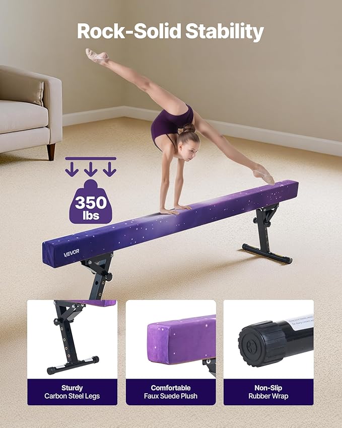VEVOR 8FT Balance Beam for Kids, 200-350LBS Stable Support Gymnastics Floor Beam with Non-Slip Mat, Wood-Core/EVA Gymnastics Training Equipment with Anti-Slip Bottom & Carry Bag for Home Gym