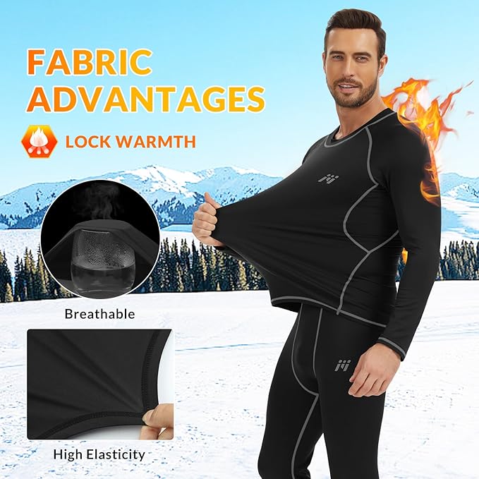 Men Thermal Underwear Set Long Johns with Fleece Lined Base Layer Men Cold Weather Top Bottom for Skiing Running