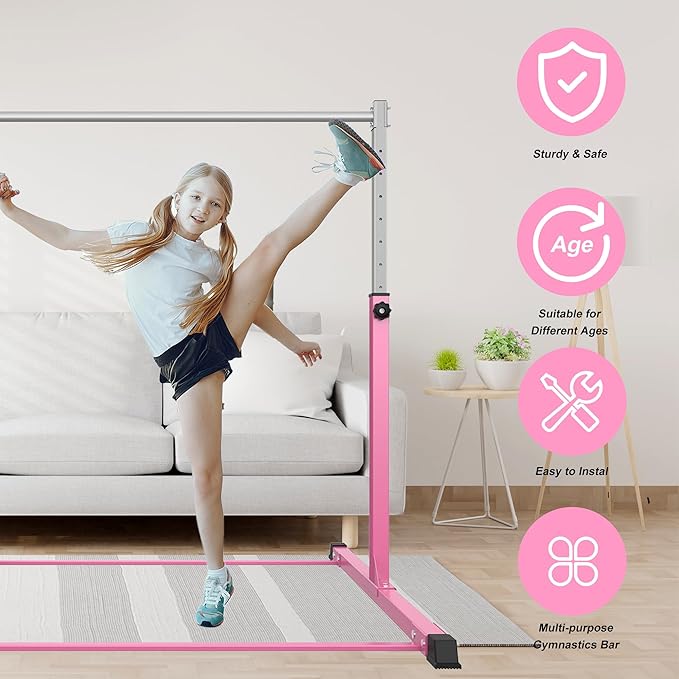 Gymnastics Bar for Kids Ages 3-15, 3' to 5' Adjustable Height, Gymnastic Kip Bar Horizontal Bar for Gymnas, Anti-Slip and Easy to Assemble, Home Gym Equipment Indoor for Girls, Boys