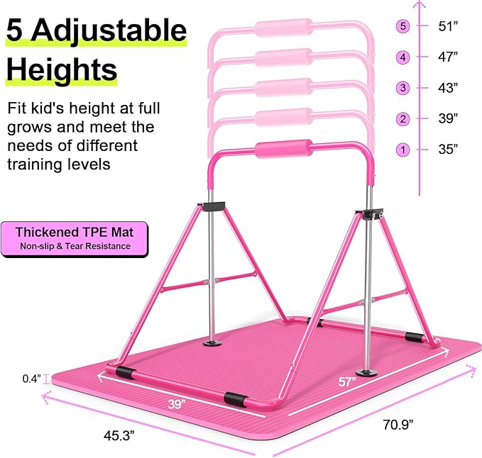 Safly Fun Foldable Gymnastics Bar for Kids, Adjustable 35"-51", Sturdy 145 lbs Capacity, Easy-to-Assemble, Gymnastics Equipment for Kids for Indoor/Outdoor Training