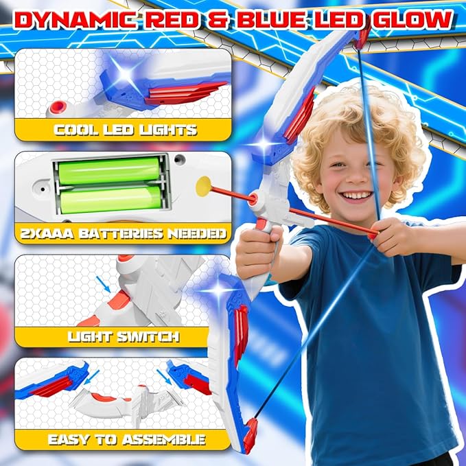 Kids Bow and Arrow Set, LED Light Up Archery Toy Set with Suction Cup Arrows, Standing Target & Quiver, Indoor and Outdoor Toys Sport Gifts for Kids, Boys & Girls Ages 4 5 6 7 8 9 10 11 12