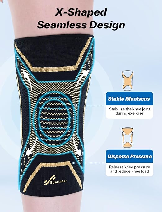 Sportneer Knee Brace with Dual Side Stabilizers – Maximum Support Compression Knee Sleeve for Men & Women, Anti-Slip Knee Support for Running, Workout, Arthritis, ACL & Pain Relief (Black-Copper, Medium(16"-18.5"))