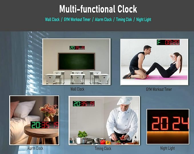 26'' Extra Large Home GYM Timer Clock, Programable Workout Interval Timer, Digital Wall Clock, with 7-color Night Light, 8 Alarm Clock, Calendar/Temperature, Countdown & Stopwatch (Green & Red)
